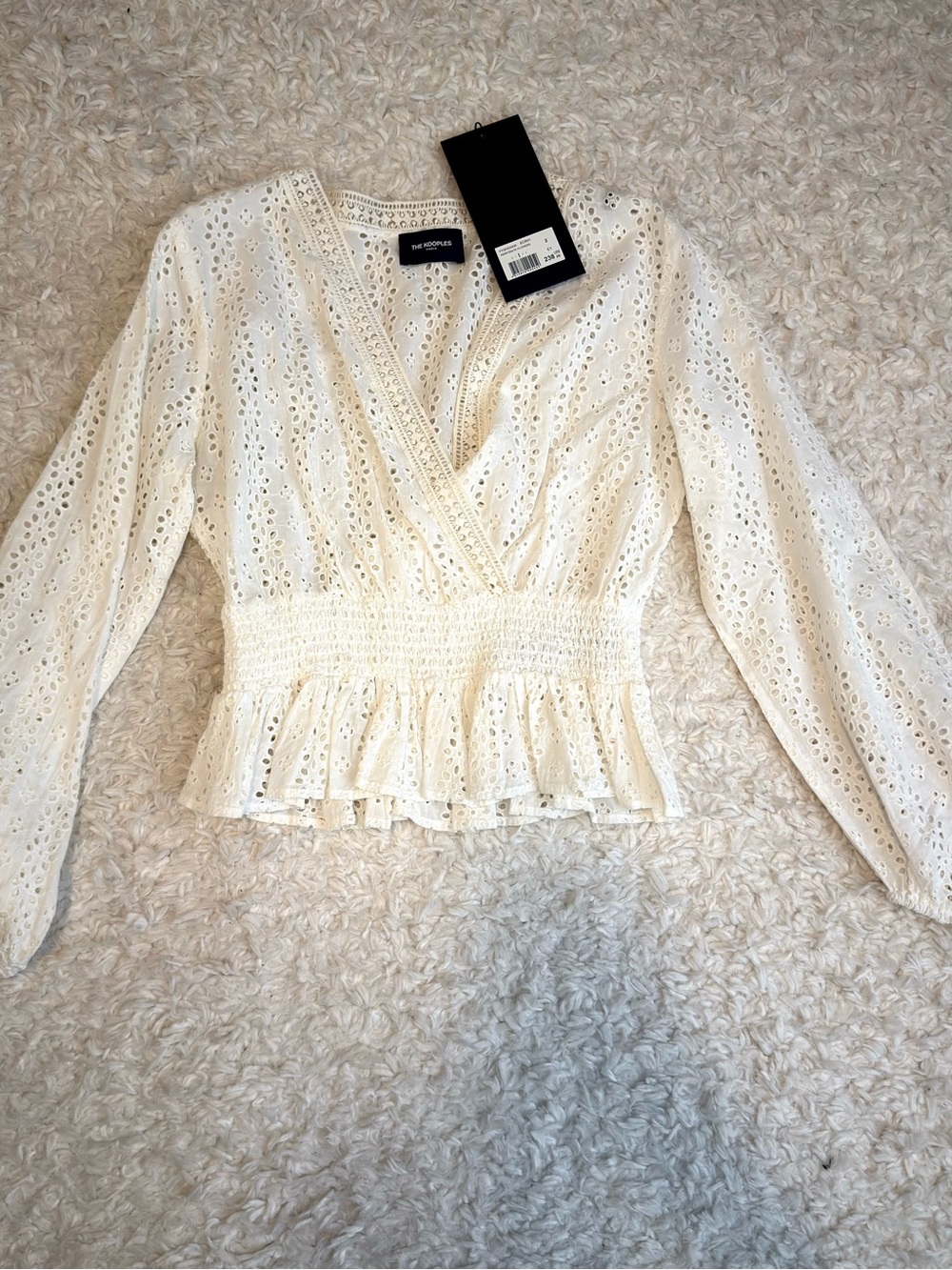 The Kooples Women's Off-White Eyelet Peplum Blouse Long Sleeve NWT